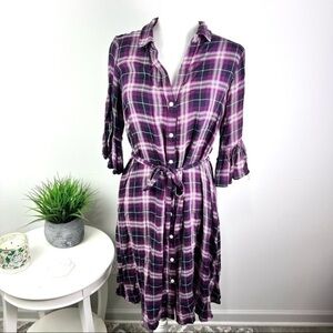 Isabel Womens Shirt Dress Purple Plaid Belted Collar Flounce Sleeve Maternity M